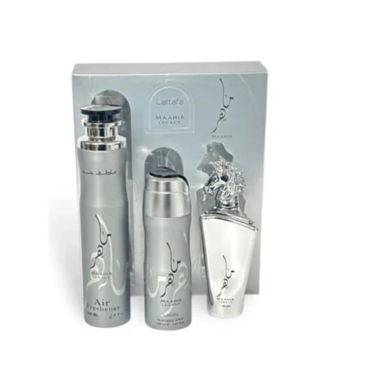 Maahir Legacy Eau de Parfum 100ml + Deodorant Spray 200ml + Air Freshener 300ml Lattafa