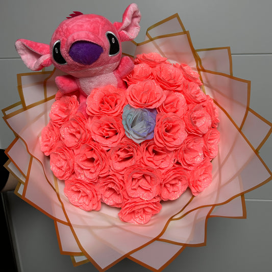 Coral Glow – Buchet 31 trandafiri glitter & Angel