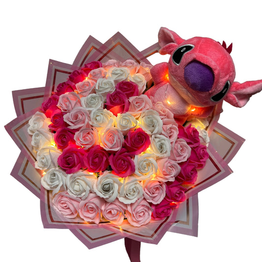 Pink Fantasy – Buchet cu 57 de trandafiri, Angel și lumini