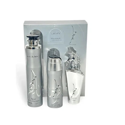 Maahir Legacy Eau de Parfum 100ml + Deodorant Spray 200ml + Air Freshener 300ml Lattafa